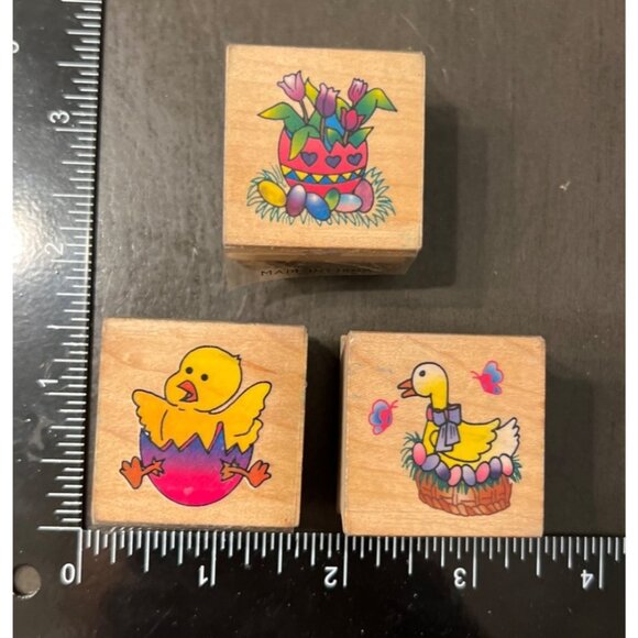 Easter-Themed Wood Mounted Rubber Stamp Set Of 3 Wooden Blocks Duck Goose Tulips - Picture 1 of 3